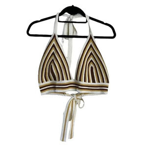 Windsor Crochet Striped Crop Top Size XL Brown Beige White V Neck Tie On Blouse